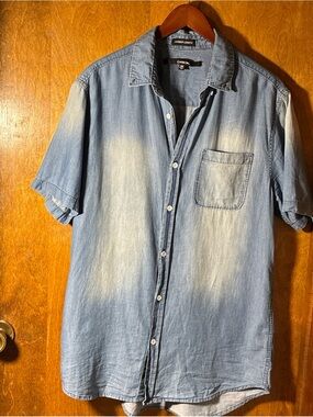 Carbon Men’s M Button Up Washed Denim Shirt Cotton Longer Length Y2K Festival
